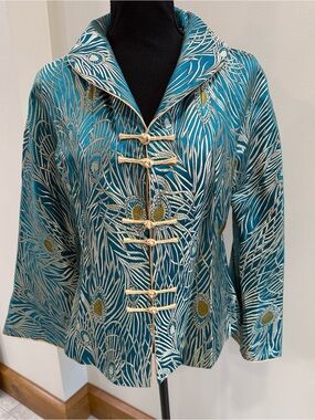 Grace Chuang New York Teal & Champagne 100% silk jacket blazer size M